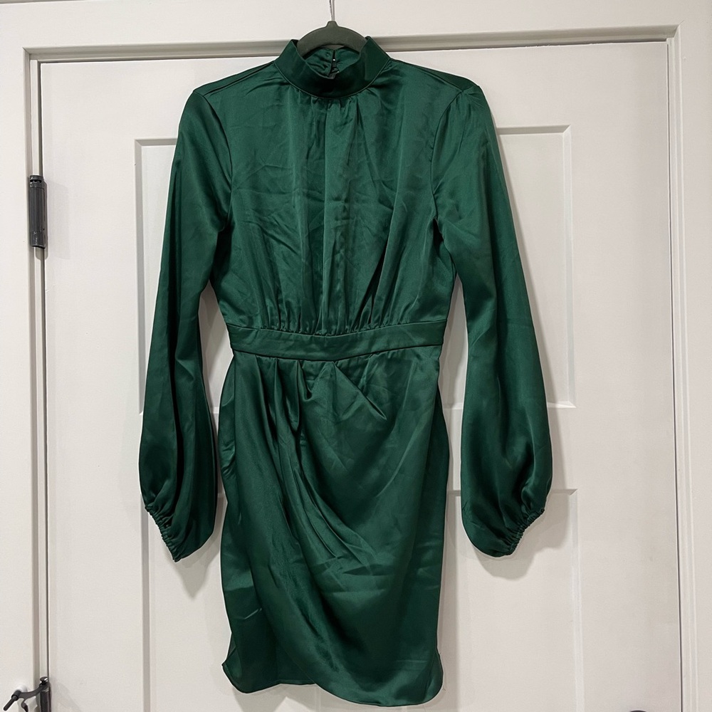 Club L London satin asymmetric volume sleeve dress in teal.
